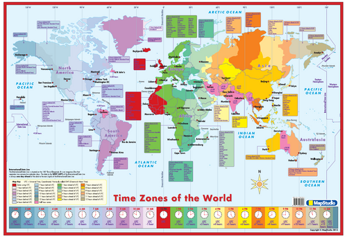 Map Studio Time Zones of the World Educational Wall Map, full sheet, showing colour-coded time zone bands, country lists and a row of clocks from UTC -11 to UTC +12.