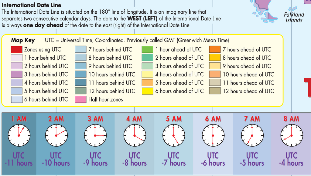 Map key of the Time Zones of the World Educational Wall Map, with the International Date Line note, time zone colours and clocks showing hours behind UTC.