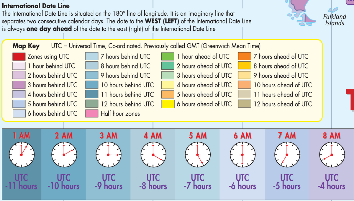 Map key of the Time Zones of the World Educational Wall Map, with the International Date Line note, time zone colours and clocks showing hours behind UTC.