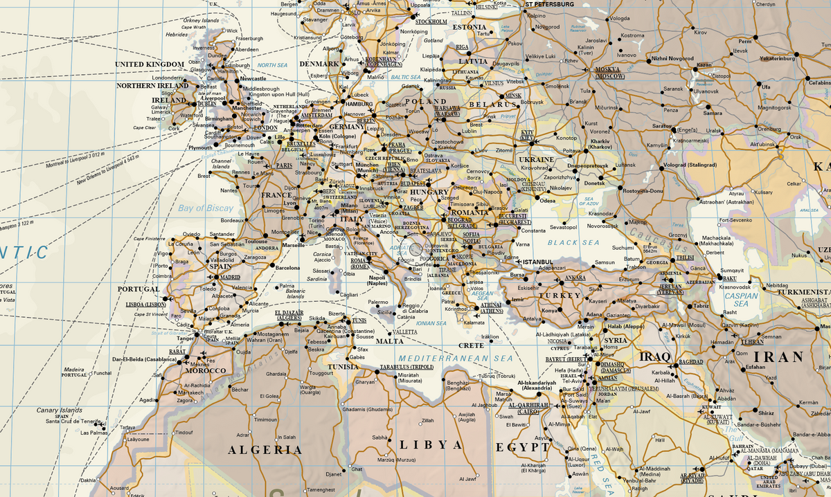 Detail from the World Executive Large Classic Wall Map showing antique-toned country shading, population-graded cities, named rivers, shipping routes and mountain terrain detail