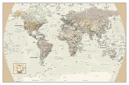 World Executive Large Classic Wall Map in antique colour tones at 1:13 000 000 on the Times projection, 2 370mm wide, showing the whole world with shipping routes and ocean depth shading