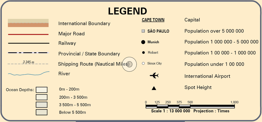 Legend of the World Executive Large Classic Wall Map listing boundaries, roads and railways, shipping routes in nautical miles, city population bands, airports and ocean depth shading in metres
