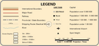 Legend of the World Executive Large Classic Wall Map listing boundaries, roads and railways, shipping routes in nautical miles, city population bands, airports and ocean depth shading in metres