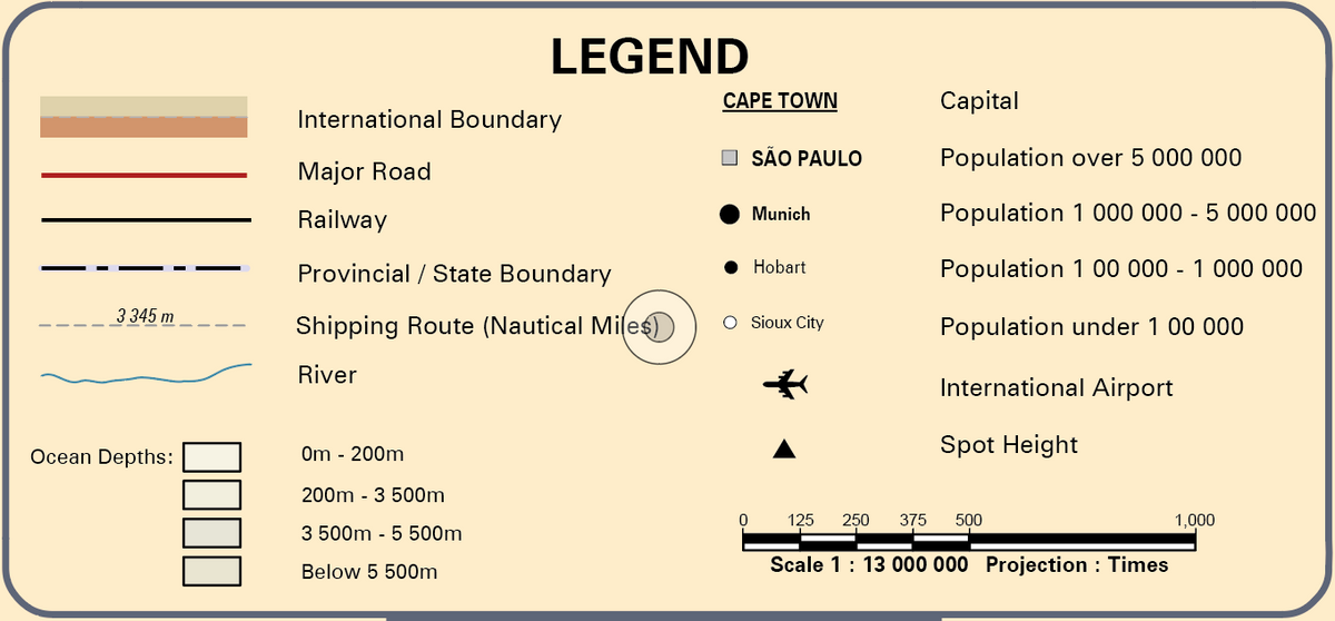 Legend of the World Executive Large Classic Wall Map listing boundaries, roads and railways, shipping routes in nautical miles, city population bands, airports and ocean depth shading in metres