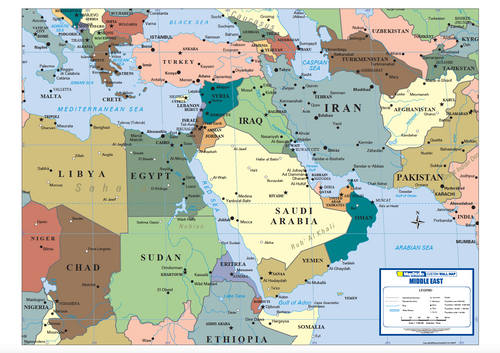 Middle East Wall Map at 1:4 500 000 on the Times projection, showing colour-coded countries from Turkey and Egypt across to Iran and Afghanistan