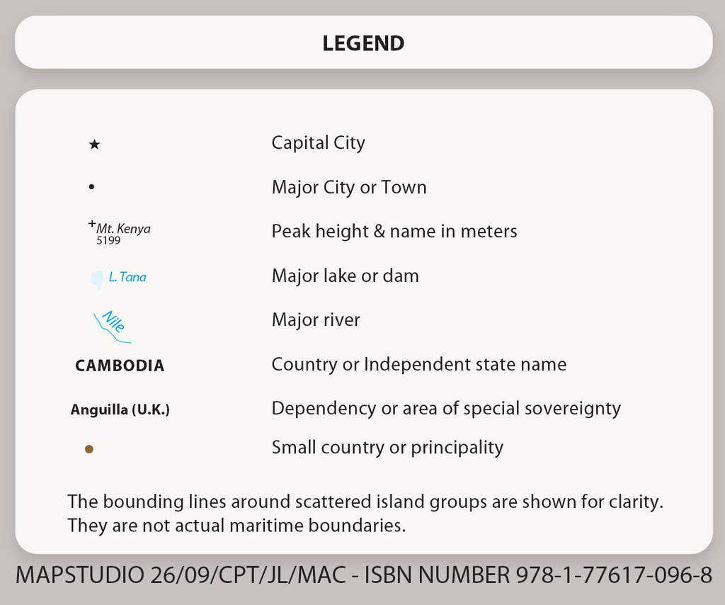 Legend of the World Physical Educational Wall Map (Equal Earth) listing continents, capitals and major towns, peaks with heights, rivers, lakes, dams and pans, waterfalls and undersea features