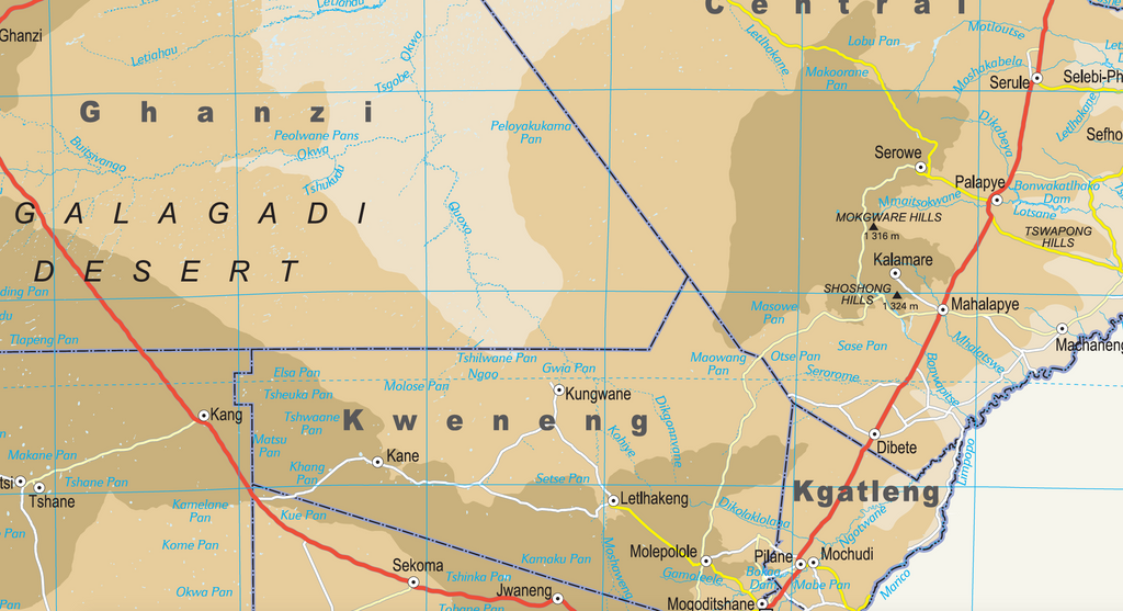 Botswana Physical Wall Map — DETAIL