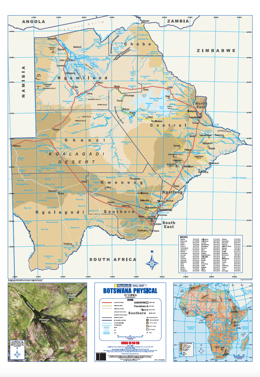 Botswana Physical Wall Map — FULL sheet