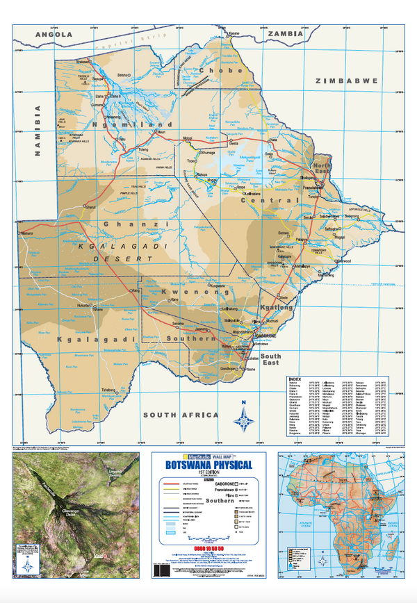 Botswana Physical Wall Map — FULL sheet