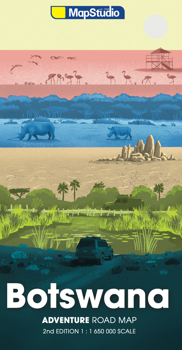 Illustrated cover for a map of Botswana with wildlife and landscapes, featuring MapStudio branding.
