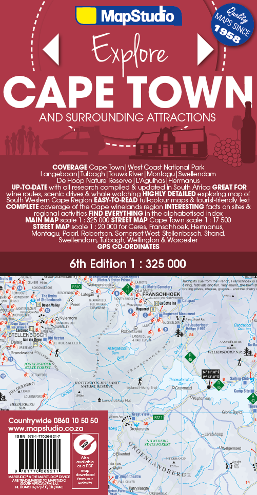 Map of Cape Town and surrounding attractions with MapStudio branding.