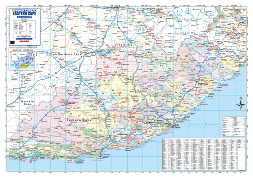 Eastern Cape Provincial Wall Map, 9th edition, 1:770 000 on A0, showing the province with municipalities shaded and named