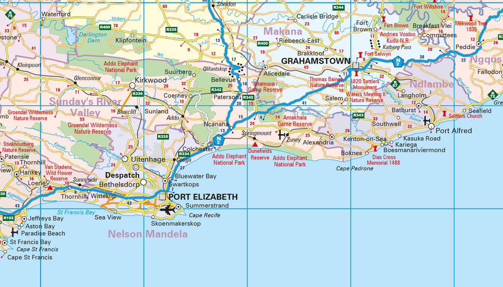 Map of the southern region of the Eastern CApe province and surrounding areas with various labels and colours.