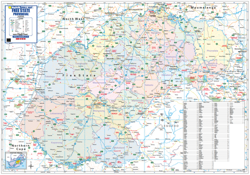 Free State Provincial Wall Map, 5th edition, 1:600 000 on A0, showing the province with municipalities shaded and named and the road network graded