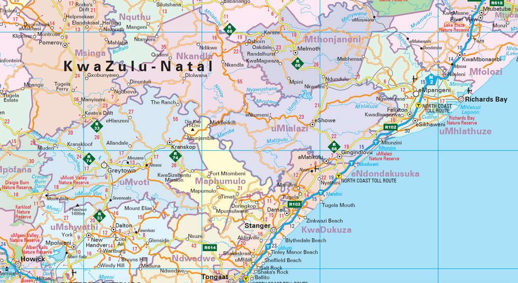 Map of KwaZulu-Natal with various regions labelled.