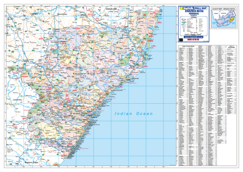 KwaZulu-Natal Provincial Wall Map, 7th edition, 1:650 000 on A0, showing the province with municipalities shaded and named and a place-name index panel