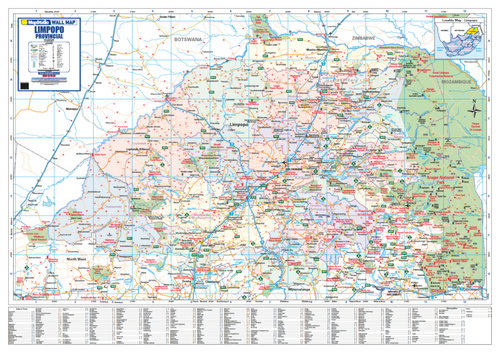 Limpopo Provincial Wall Map, 9th edition, 1:600 000 on A0, showing the province with municipalities shaded and named and the road network graded