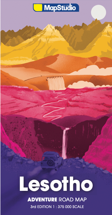 MapStudio Lesotho Adventure Road Map cover featuring a stylized illustrated landscape with mountains, a canyon, waterfall, and road.