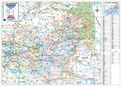 Mpumalanga Provincial Wall Map, 7th edition, 1:520 000 on A0, showing the province with municipalities shaded and named and the road network graded