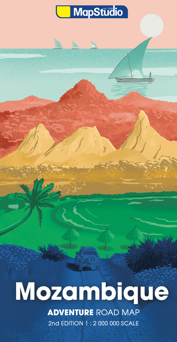 Illustrated map cover of Mozambique with mountains, a beach, and a car, featuring the MapStudio logo.