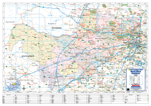 North West Provincial Wall Map, 7th edition, 1:600 000 on A0, showing the province with municipalities shaded and named