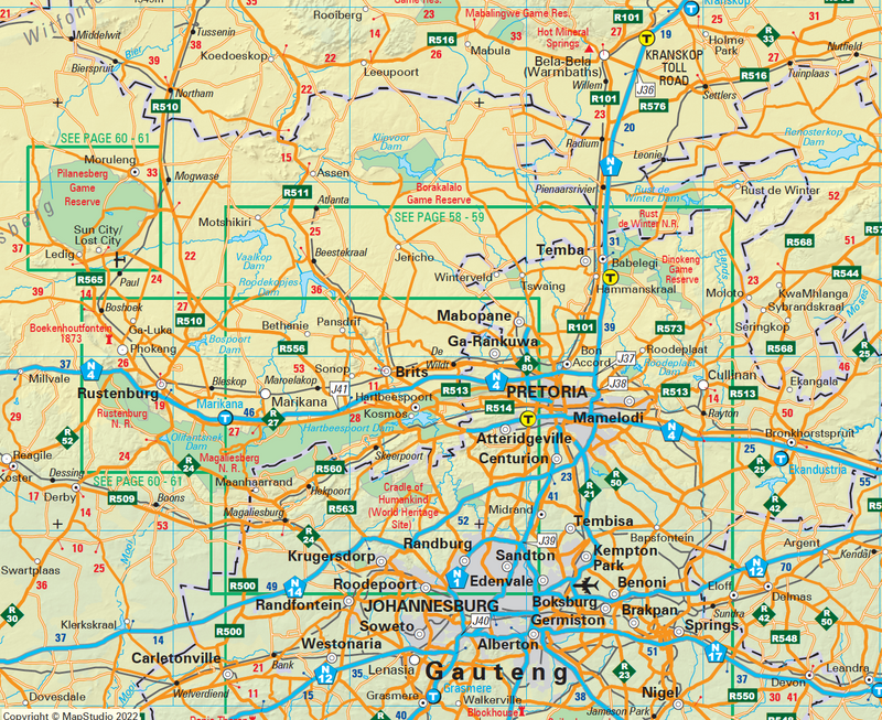 Map of northern South Africa with roads and cities labelled
