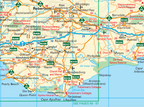 Road map of the Overberg region with various locations marked, including roads and landmarks.