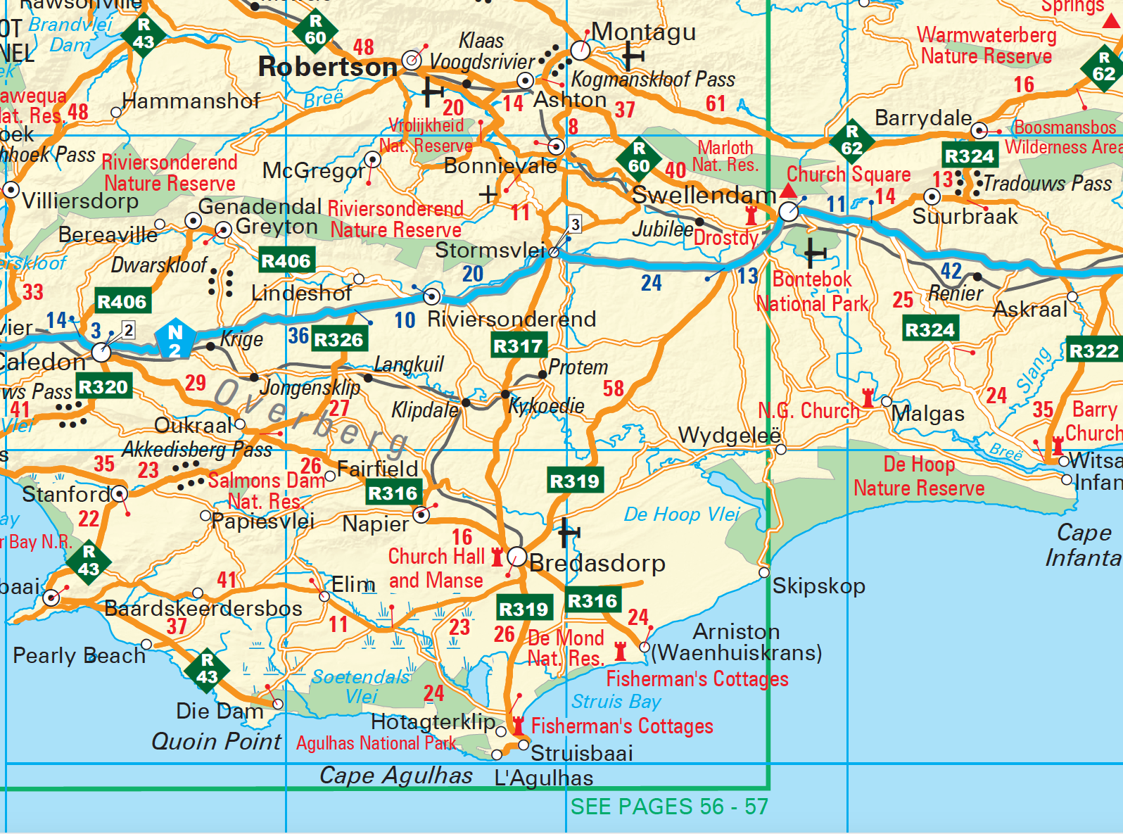 Road map of the Overberg region with various locations marked, including roads and landmarks.
