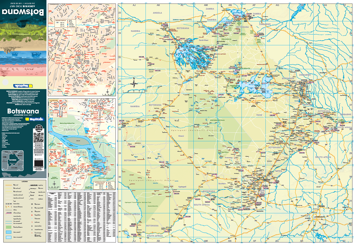 Map of Botswana with various details and a smaller inset maps on the left.
