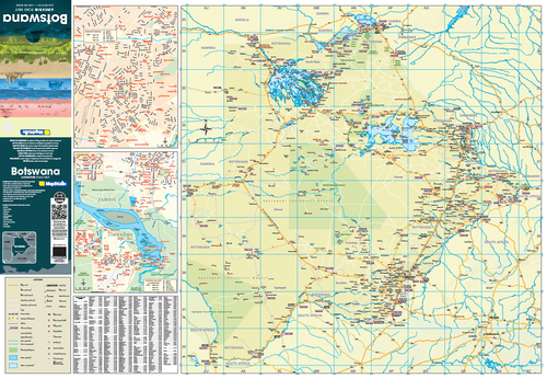 Map of Botswana with various details and a smaller inset maps on the left.