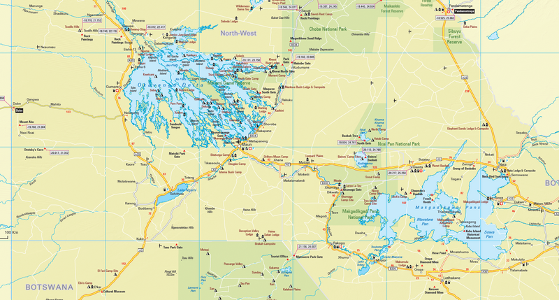 Map of Botswana with roads, water bodies, and cities labeled.