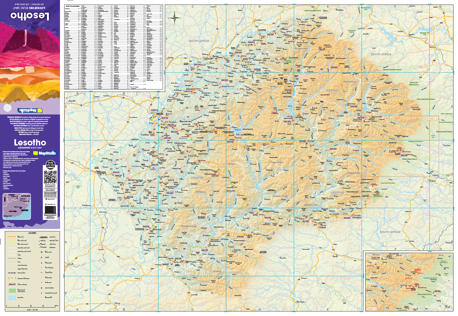 Map of Lesotho with a detailed list of place names on the top left.