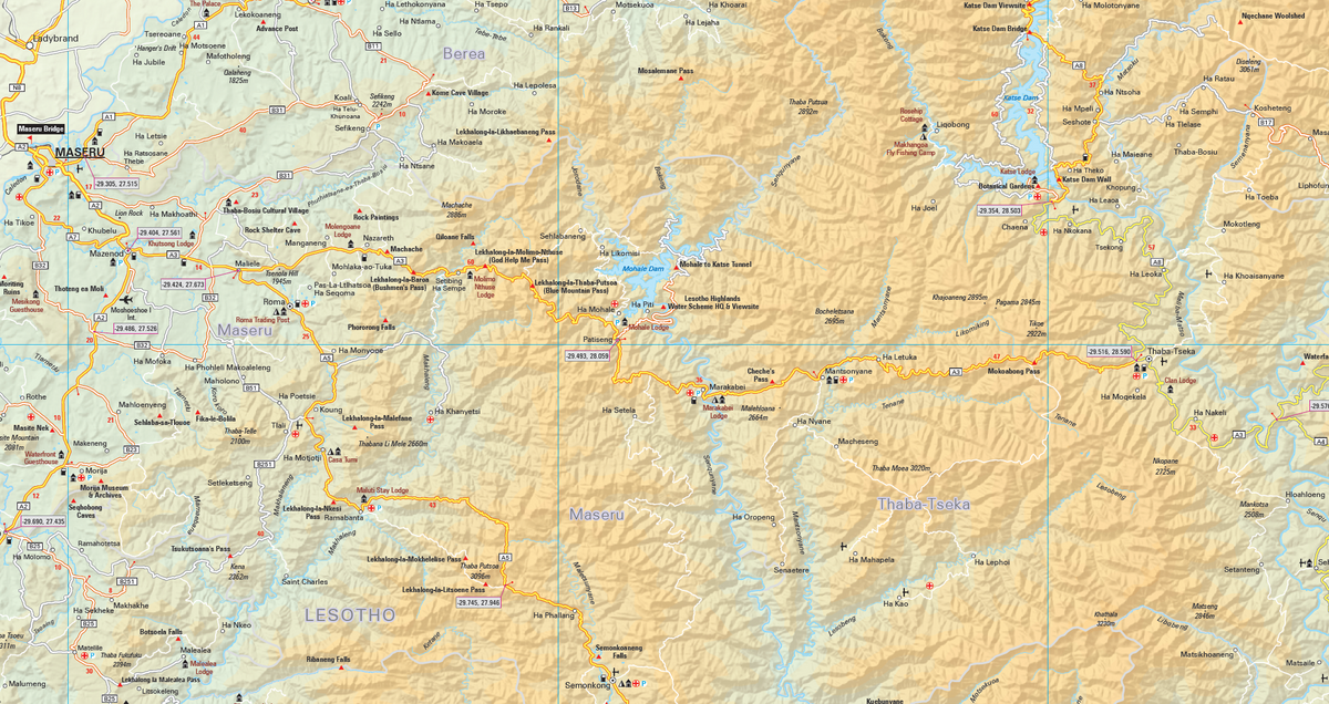 Detail from the Lesotho Adventure Road Map showing mountain passes, roads and tracks
