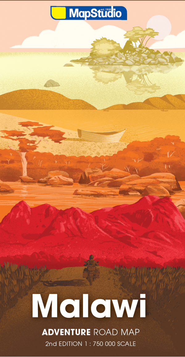 MapStudio Malawi Adventure Road Map cover featuring a stylized illustrated landscape with red mountains, orange terrain, water, and a boat under a pale sky.