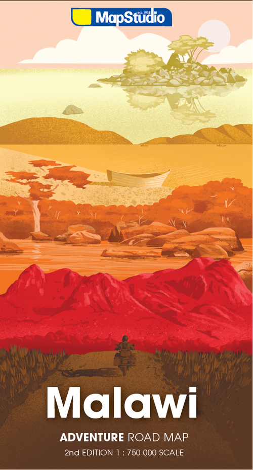 MapStudio Malawi Adventure Road Map cover featuring a stylized illustrated landscape with red mountains, orange terrain, water, and a boat under a pale sky.