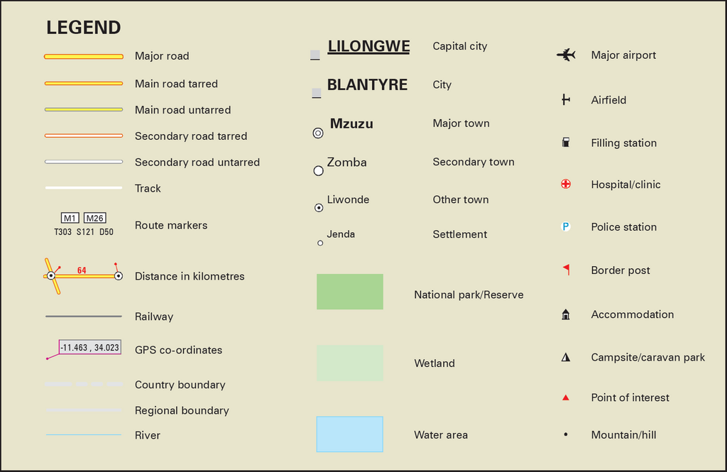 Map legend with various symbols and their meanings on a beige background