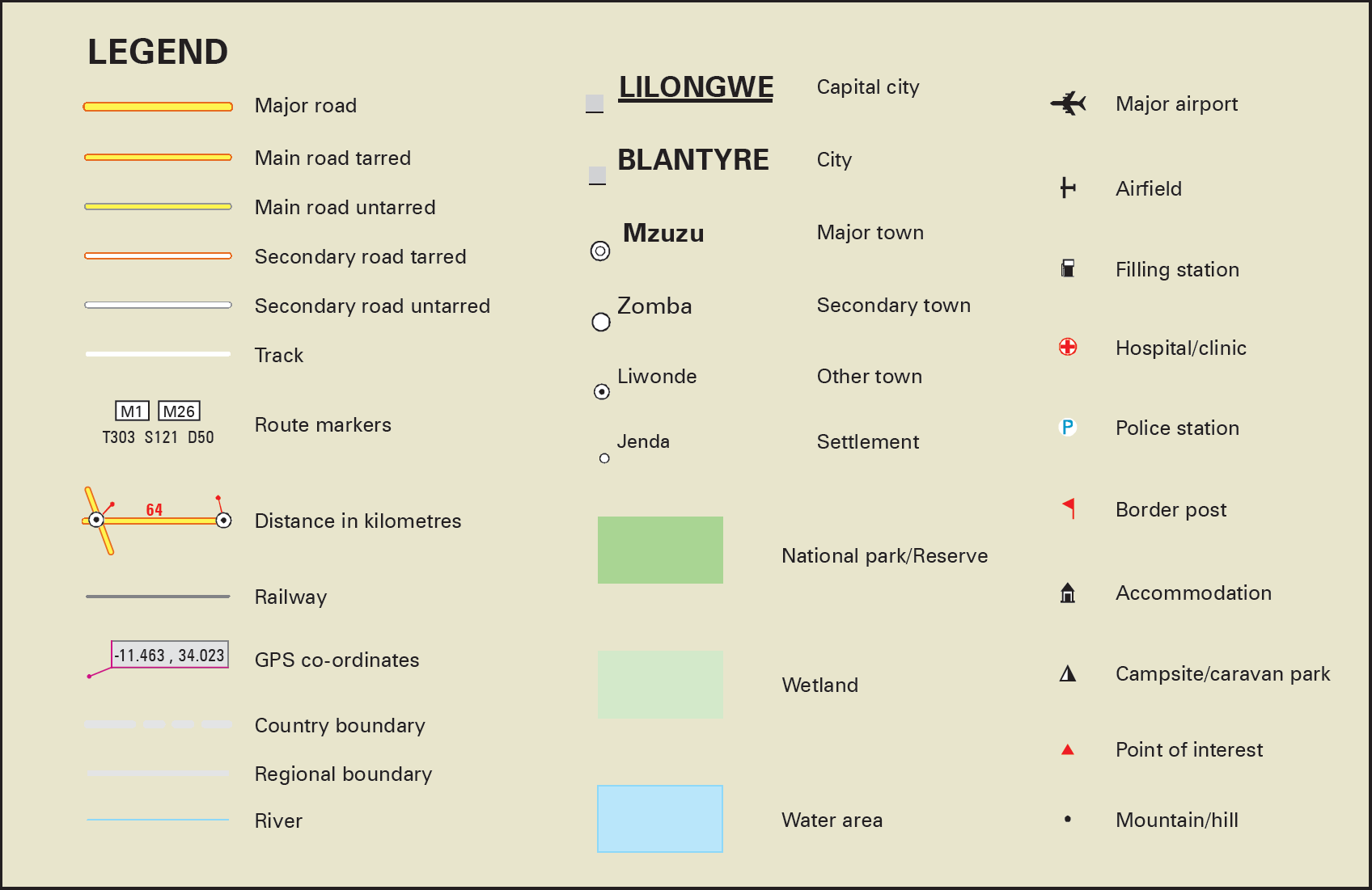 Map legend with various symbols and their meanings on a beige background