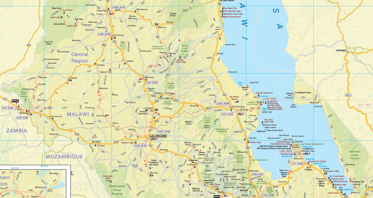 Detail from the Malawi Adventure Road Map showing roads, tracks and park boundaries