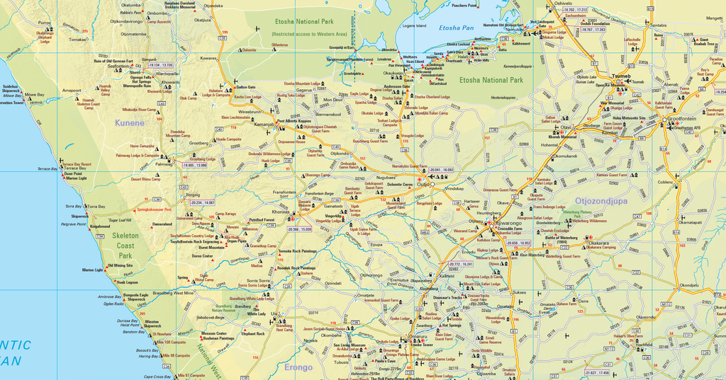 Map of Namibia with roads and towns labelled.