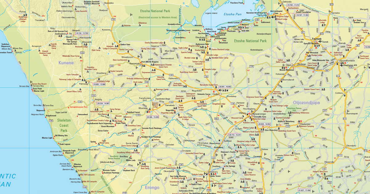 Detail from the Namibia Adventure Road Map showing roads, tracks and park boundaries