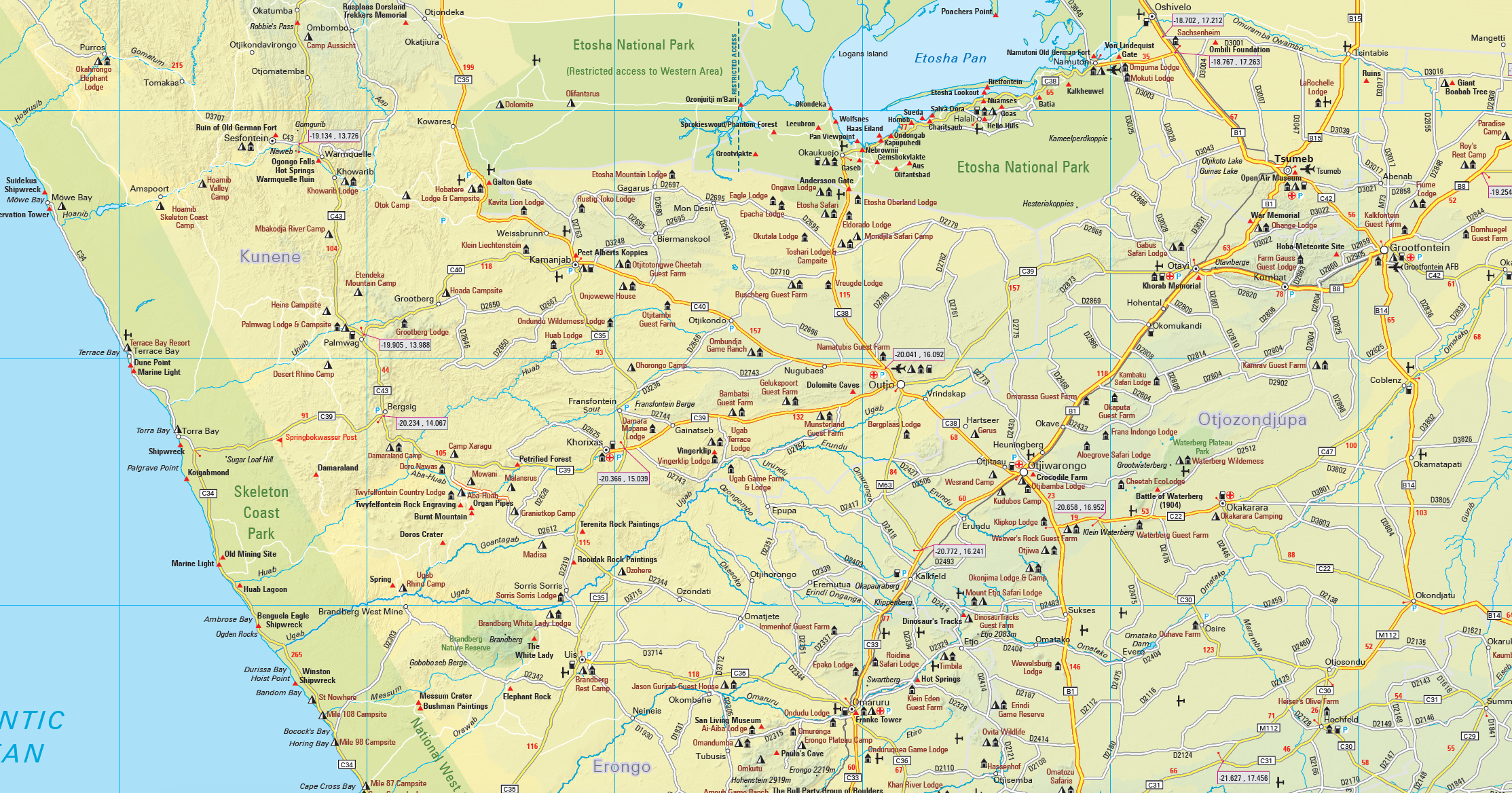 Detail from the Namibia Adventure Road Map showing roads, tracks and park boundaries