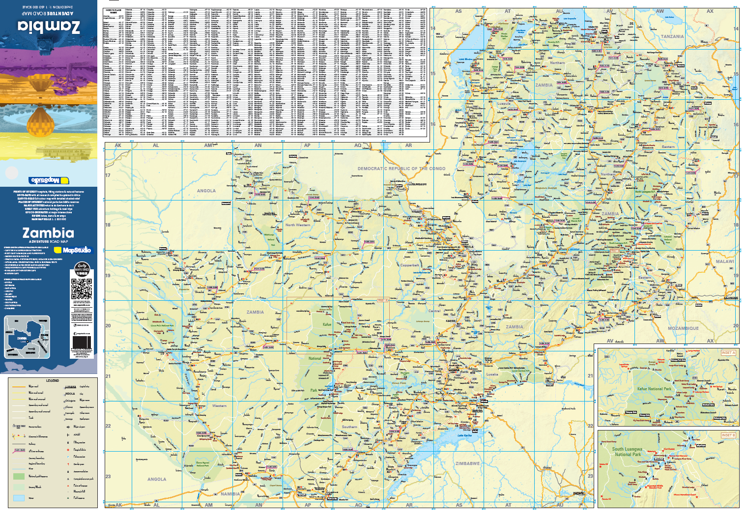 Map of Zambia with a detailed legend on the left side and list of place names at the top.