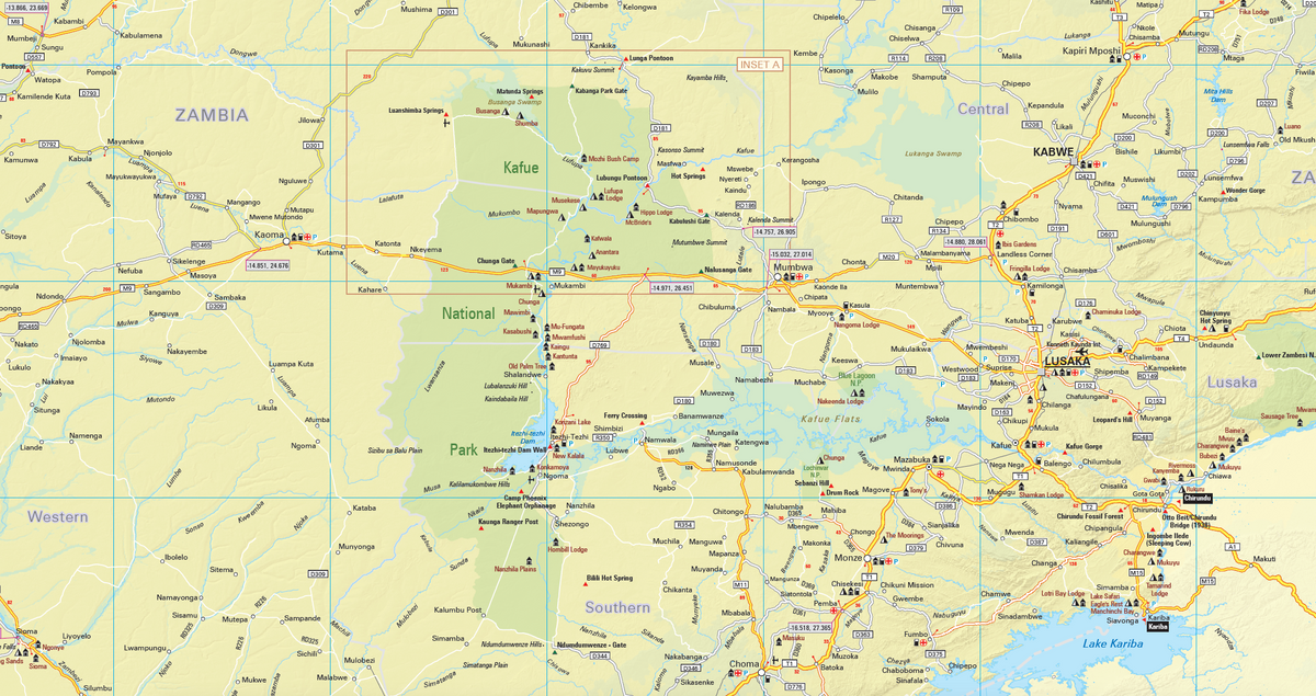 Detail from the Zambia Adventure Road Map showing roads, tracks and park boundaries