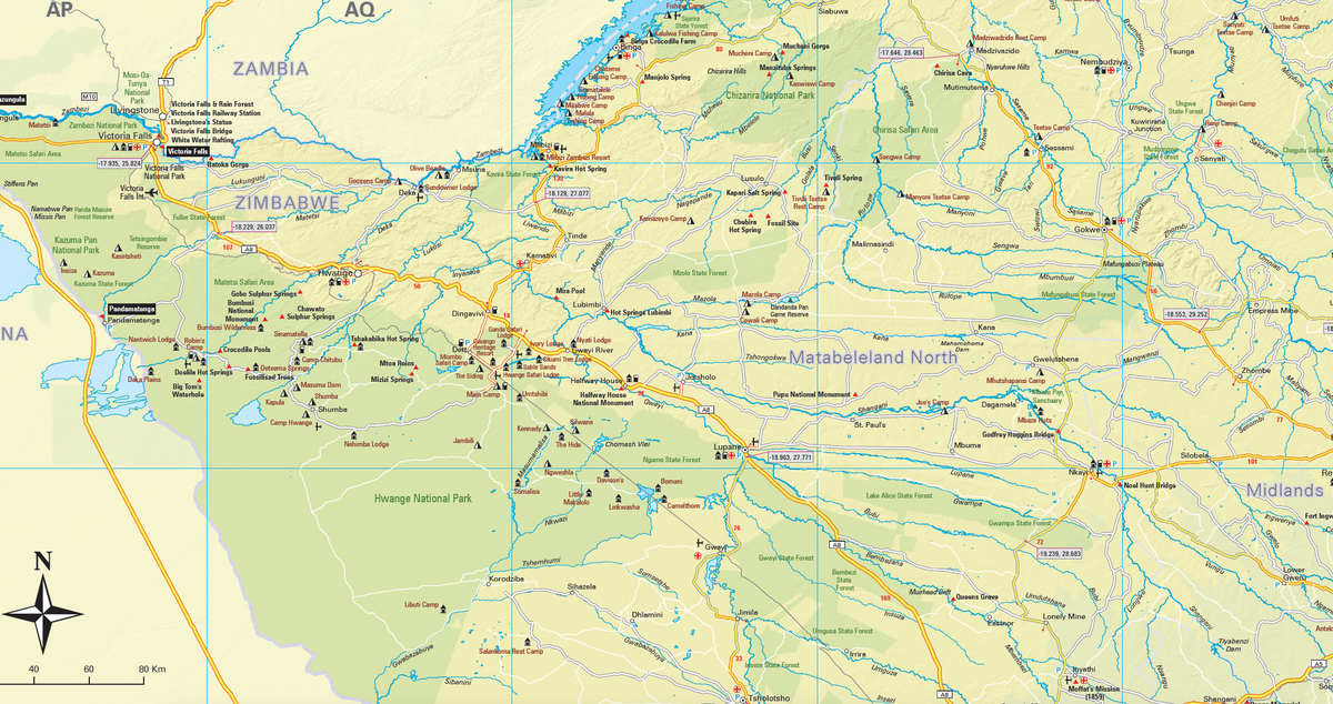 Detail from the Zimbabwe Adventure Road Map showing roads, tracks and park boundaries