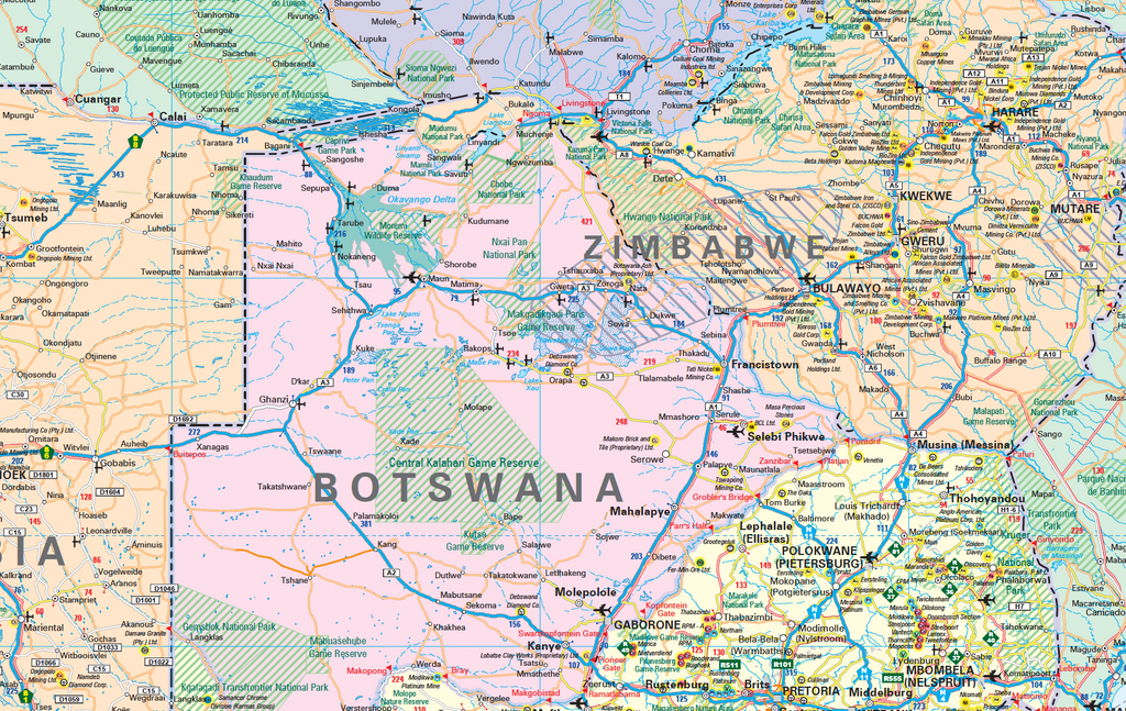 Map of Zimbabwe and Botswana with various geographical features.