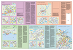 A poster showcasing various towns with text and maps.