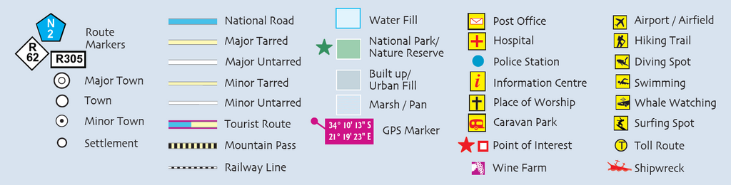 Map symbols and icons with labels for various road and location markers.