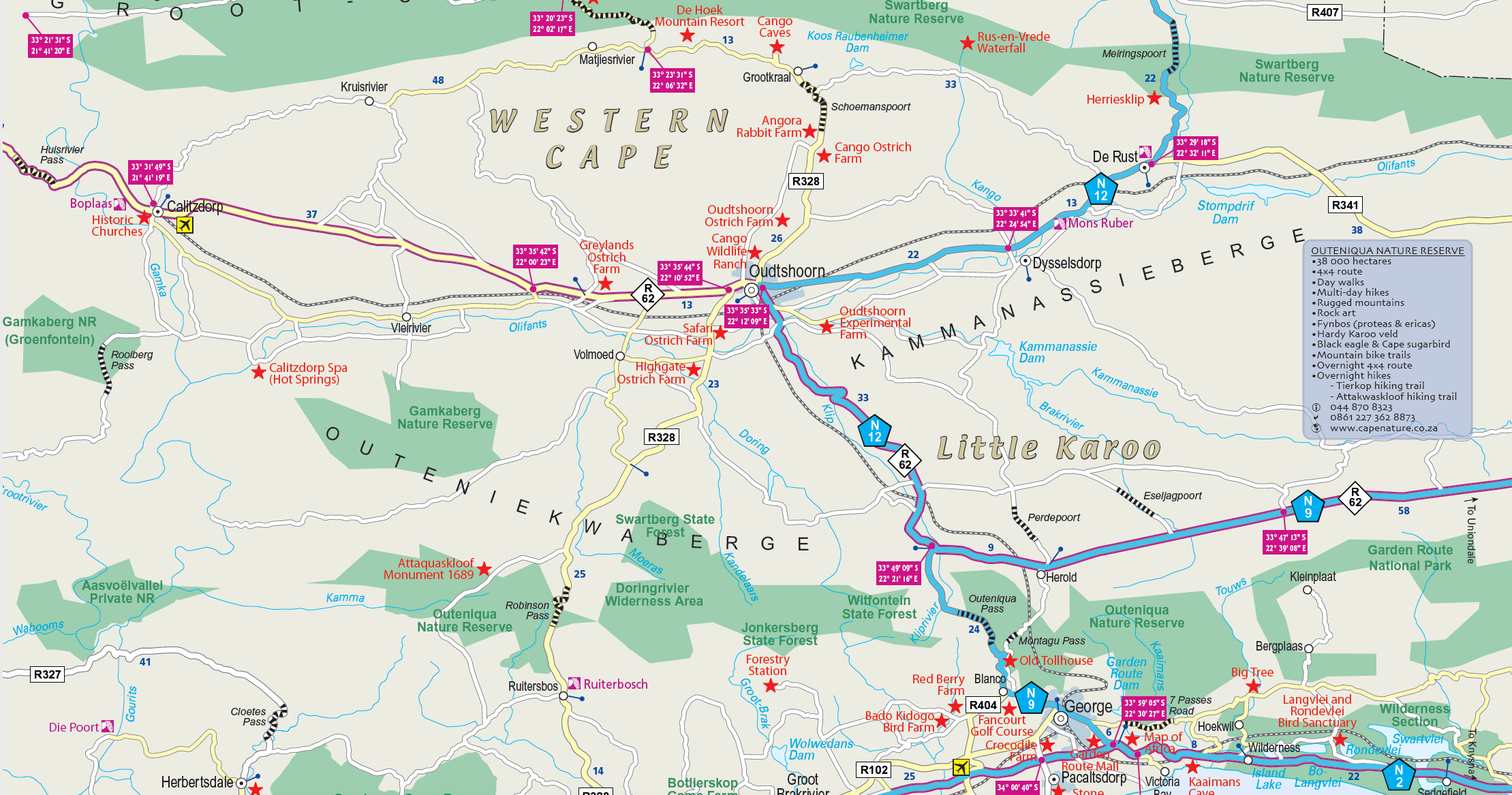 Road map of the Western Cape with nature reserves highlighted.