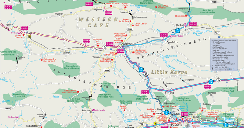 Road map of the Western Cape with nature reserves highlighted.