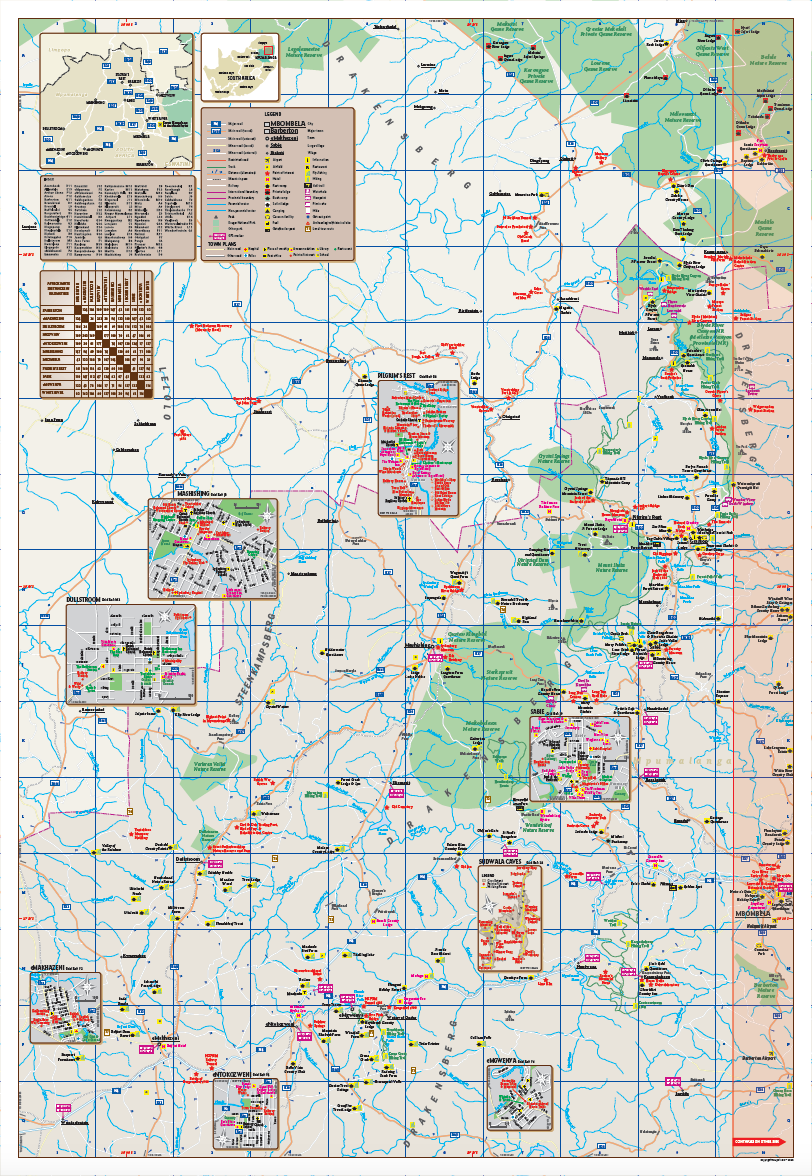 Map of Mpumalanga with various small town inset maps.
